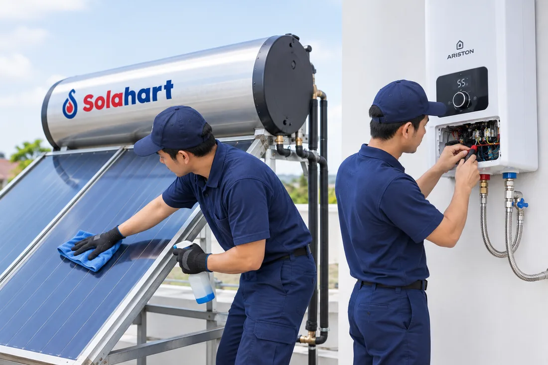Teknisi service water heater Tangerang: satu membersihkan panel water heater tenaga surya, satu memeriksa kelistrikan water heater listrik