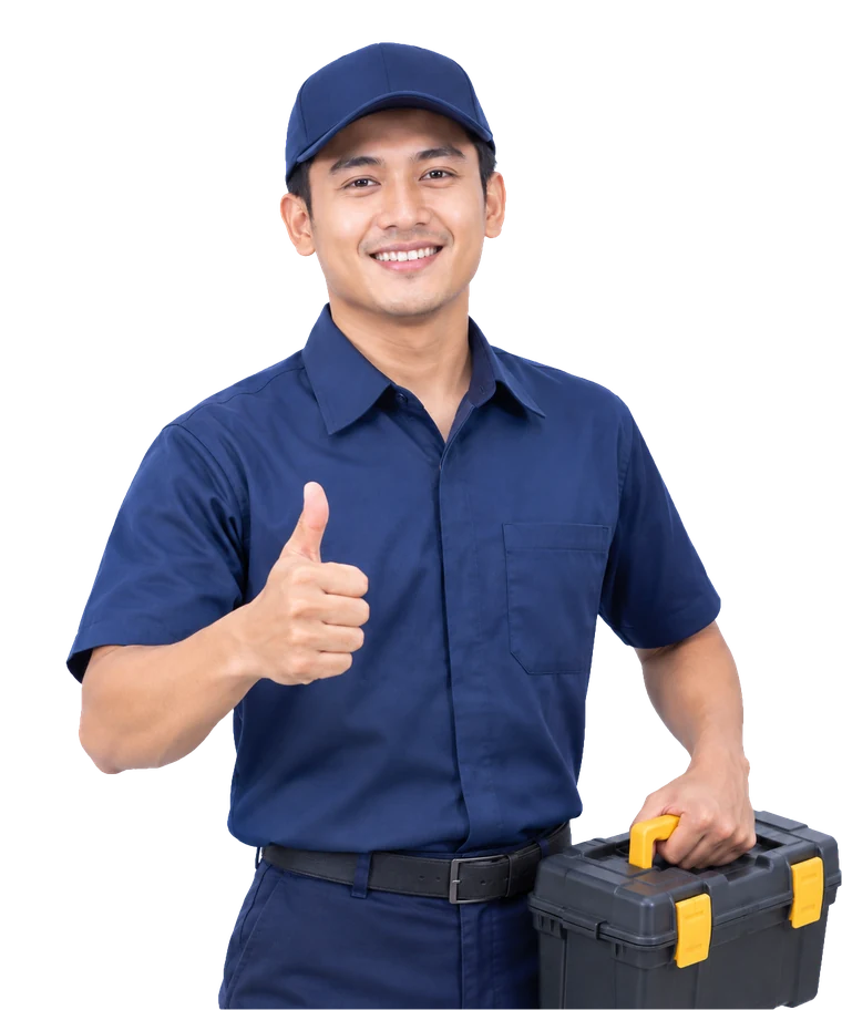 Hubungi teknisi service water heater Tangerang: teknisi berseragam biru mengacungkan jempol sambil membawa kotak perkakas