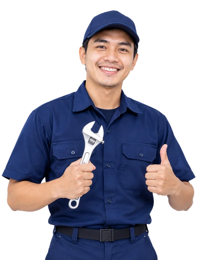 Teknisi service water heater Tangerang berseragam biru memegang kunci pas dan mengacungkan jempol